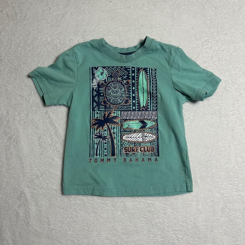 Tommy Bahama Boys 3T T-Shirt Green Tropical Sea Turtle Surfboard Surf Club Tee